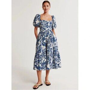 Abercrombie & Fitch Emerson Blue‑White Floral Cotton Poplin Midi Dress — Size S